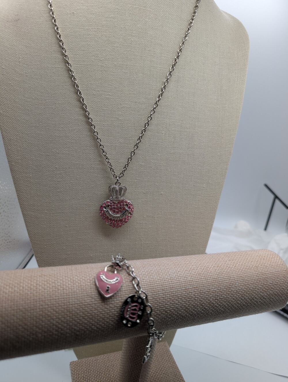 Juicy Couture Pink Crown Heart Pendant Necklace & Charm Bracelet Set